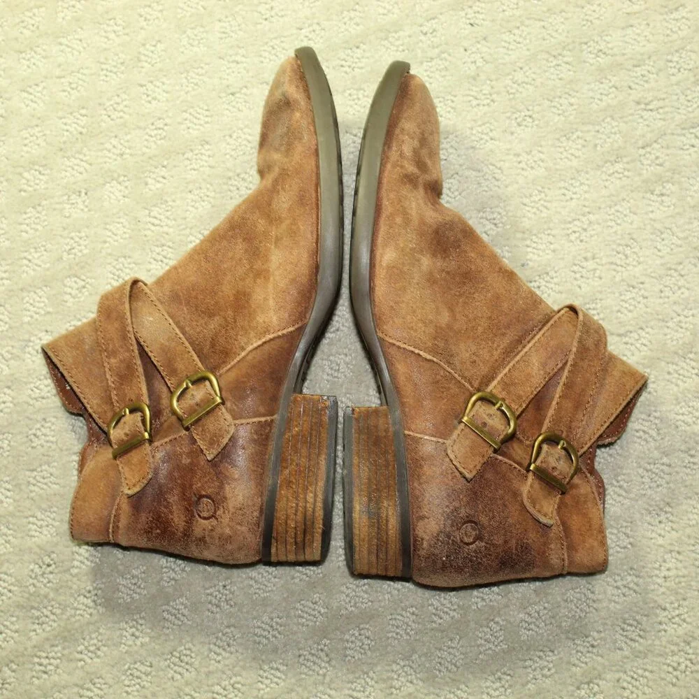 Born 8M Brown Side Zip Brown Distressed Suede Strappy Buckle Ankle Booties
